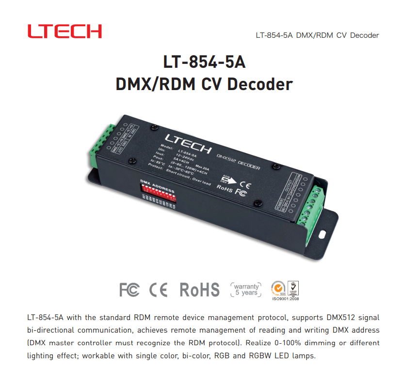 Ltech 4CH CV DMX Decoder LT-854-5A CV DMX512 Decoder