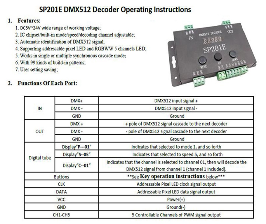 SP201E DMX512 Decoder Controller SPI Signal For Addressable WS2811 ...